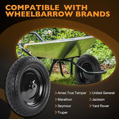 HQPASFY 14.5" Flat Free Tire 4.80/4.00-8 Wheelbarrow Tire and Wheel, 3" Centered Hub, 5/8" & 3/4" Bearings Replacement for Wheelbarrows, Garden Carts, Dump Carts, Lawn Equipment