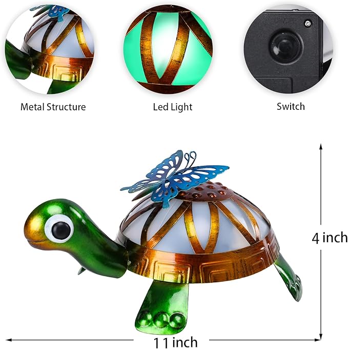 Solar Garden Outdoor Statues with Butterfly, Metal Garden Turtle Statue Solar Lights Outdoor Tortoise Figurines for Patio, Lawn, Yard Ornament, Housewarming Gifts