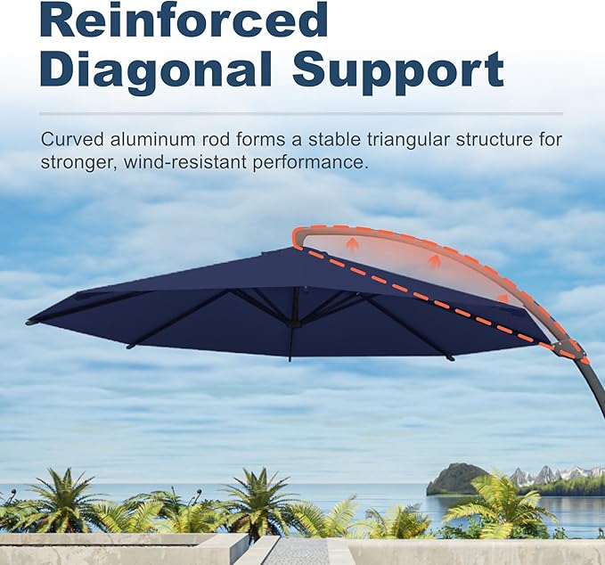 12FT Cantilever Umbrella with Base Large Curvy Outdoor Aluminum Offset Umbrella w/ 360° Rotation, UV Resistant Canopy for Patio, Garden, Backyard, Navy Blue