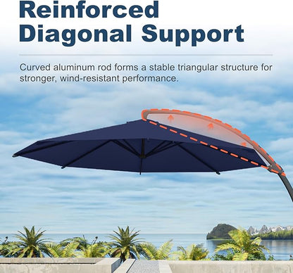 11FT Cantilever Umbrella with Base Large Curvy Outdoor Aluminum Offset Umbrella w/ 360° Rotation, UV Resistant Canopy for Patio, Garden, Backyard, Navy Blue