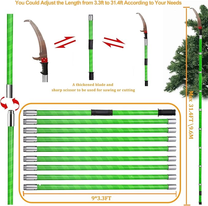 Manual Pole Saw 30 FT Extendable Tree Pruner High Branches Trimming for Pruning Palms and Shrubs with Long Handle (Red)