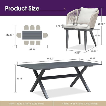 PURPLE LEAF 9 Pieces Patio Dining Set Wicker Outdoor Furniture Rectangular Table and Chairs Set for Garden Deck Aluminum Frame Backyard Kitchen Set, Cushions and Pillows Included Taupe