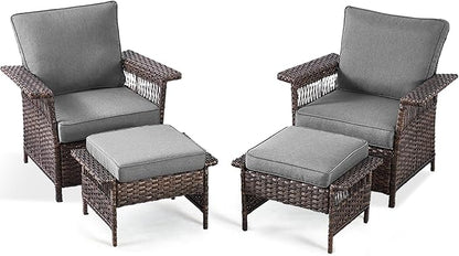 4 Pieces Wicker Patio Furniture Set - Hollow Widen Armrests Comfy Outdoor Rattan Chairs with Ottomans, Small Patio Convention Set for Balcony Porch Deck and Yard - Brown/Gray