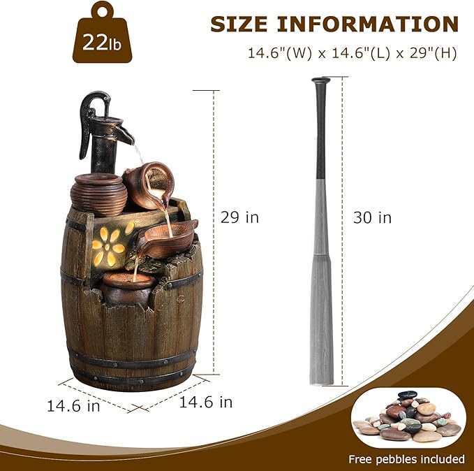 Water Fountain Outdoor Rustic Barrel,4 Tiered Wood Barrel Cascading Water Fall Fountains Outside Feature with LED Lights for Garden, Patio, Porch, Backyard Decor 14.6" L x 14.6" W x 29" H