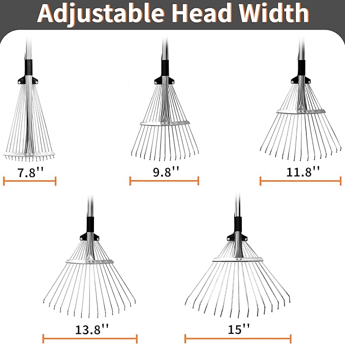 2 Packs Garden Rake for Leaves – Heavy Duty Metal Leaf Rake for Lawns with Adjustable Handle (33"-69") & Expandable Head (8"-15") – Durable for Lawn, Shrub, Garden Beds – Essential Gardening Tools