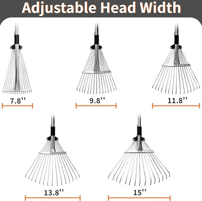 Garden Rake for Leaves – Heavy Duty Metal Leaf Rake for Lawns with Adjustable Handle (33"-69") & Expandable Head (8"-15") – Durable for Lawn, Shrub, Garden Beds – Essential Gardening Tools