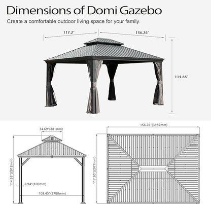 Domi 10x13FT Outdoor Gazebo, Hardtop Gazebo with Galvanized Steel Double Roof, Metal Gazebos with Drainage System Patio Pergola for Patio Deck Backyard,Curtain and Netting,Gray