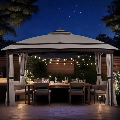 11x13 Gazebo for Patio, Gazebo with Curtains& Sandbags, Double Tier Roof Marquee Canopy for Garden, Deck, Backyard, Lawn (Grey)-Netting not Included