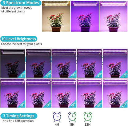 7.8'' Growing Lamp for Indoor Plants, Red & Blue & Yellow Full Spectrum, LED Grow Light Strips with 4/8/12H Timer,10 Dimmable Levels for Green House Succulent,4 Head