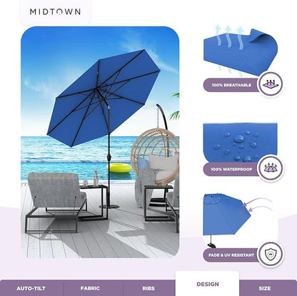 Midtown Umbrellas Sunbrella Umbrella 9 Feet Outdoor Umbrella With Dark Blue Acrylic Fabric - Auto-Tilt Aluminum Frame Patio Umbrella For Backyard, Deck, Garden, Pool - Black Pole