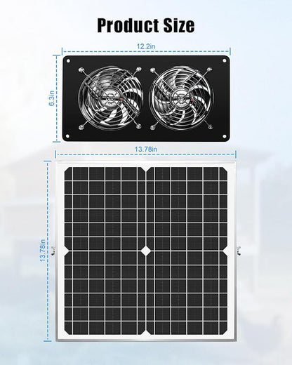 20W Solar Fan Kit for Greenhouse, Solar Panel Powered Dual Exhaust Fans, 3500 RPM IP67 Waterpoof Attic Fan for Chicken Coop, Dog House, Shed, Pet House Air Cooling