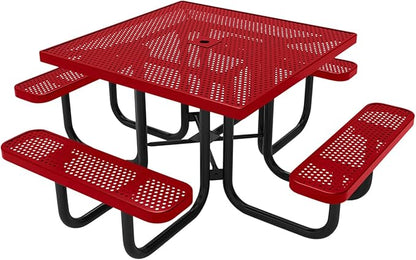 COATEDOUTDOORFURNITURE Heavy-Duty Portable Outdoor Picnic Table with Umbrella Hole, Punched Steel Commercial-Grade Patio Dining Furniture Made in America (46" Square Top, Textured Red)