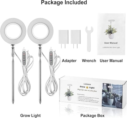 LORDEM Grow Light, Full Spectrum LED Plant Light for Indoor Plants, Height Adjustable Growing Lamp with Auto On/Off Timer 4/8/12H, 4 Dimmable Brightness, Ideal for Small Plants, 2 Packs