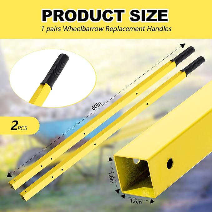 Gisafai 1 Pair Wheelbarrow Replacement Handles Kit 60 Inches Metal Wheelbarrow Handles Heavy Duty Yellow, Easy Install