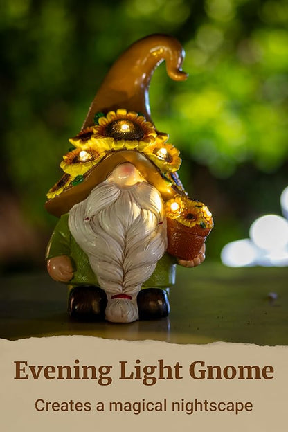 Solar Garden Gnome Statue, 7.67" Tall — Outdoor Resin Garden Statue for Yard, Backyard, Patio, Porch, Lawn; Garden Decor, Gnome Gifts, Birthday Gifts for Women
