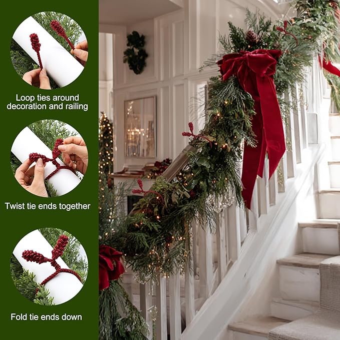 Shappy 12 Pieces Christmas Garland Banister Ties Christmas Decorative Reusable and Flexible Twist Ties for Garland, Banister Home Decoration (Burgundy)