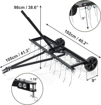 Tow Behind Aerator, 40 inch Lawn Pull Dethatcher with 20 Spring Steel Tines and Lift Handle for Outdoor Yard Care, Lawn Sweeper to Remove Thatch, Leaves and Pine Needles, Black