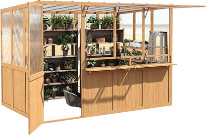 U-MAX 6x10 Ft Wood Greenhouse for Outdoors with Openable Window & Lockable Door, Heavy Duty Lean to Walk in Greenhouse with Polycarbonate Panel for Outside, Garden and Backyard
