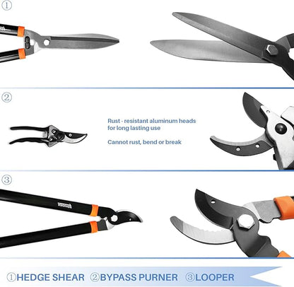 E&K Sunrise Set of 3 Pieces Garden Tree Tools for Lawn & Garden Care Garden Kit with Lopper, Hedge Shears and Pruner Shears, Tree & Shrub Care Kit