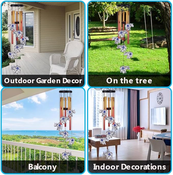 Blue Evil Eye Elephant Wind Chimes Outdoor Decor, Mobile Evil Eye Wind Catcher, Evil Eye Elephant Wind Bells, Blue Evil Eye Amulet Wind Chimes for Home, Gift for Mom, Balcony, Patio, Garden Decoration