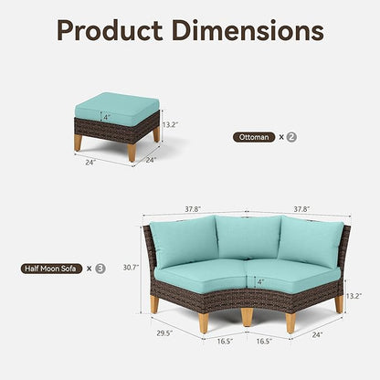 GREEN PARTY 8 Pieces Wicker Patio Furniture Set, All-Weather Outdoor Rattan Half-Moon Curved Patio Sectional Sofa Conversation Set with 4" Thick Cushions for Garden, Backyard, 2 x Ottomans (Blue)