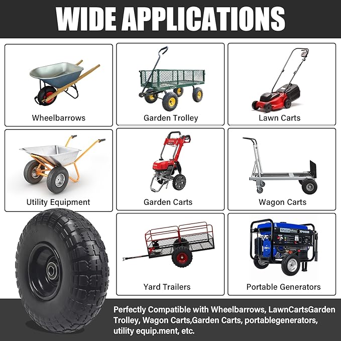 10" Solid Rubber Tires, 2 Pack Flat Free 4.10/3.50-4'' Wheels with 5/8” Axle Bore Hole and Double Sealed Bearings - Compatible with Hand Truck, Wheelbarrow, Dolly, Gorilla Carts, Black