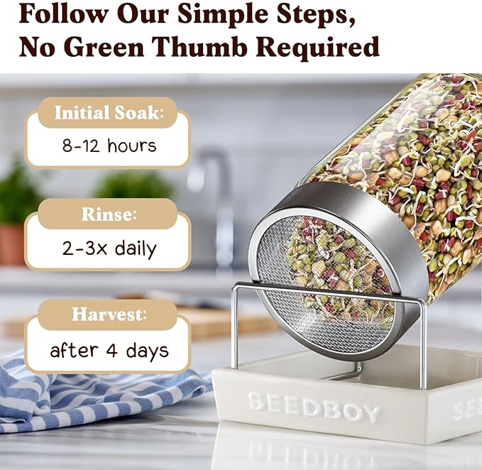 Seedboy Organic Non-GMO Sprouting Seeds, Protein Blend – USA Grown Microgreens Mix with Garbanzo, Mung Bean, Adzuki Beans, Green Pea - 8 oz Bag Makes 2 Quarts / 12 Servings (Protein Blend)