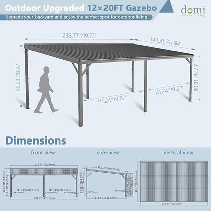 Domi 12’x20’ Wall-Mounted Hardtop Gazebo Pergola – Permanent Lean-to Outdoor Shelter with Sloped Galvanized Steel Roof & Upgraded Drainage – Gray Metal Patio Cover for Backyard, Deck, Garden