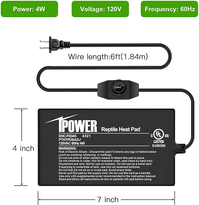 iPower 4 by 7-Inch 4 Watts Reptile Heating Mat with Temperature Controller Under Tank Warmer Terrarium Heat Pad for Reptiles and Amphibians, Black