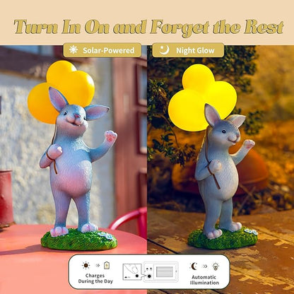 WHIMSYNOOK 11.8" Resin Rabbit with Balloon Solar LED Garden Statue Light, Ideal for Porch, Lawn, Yard, Housewarming, or Birthday Gifts for Mom, Family, and Bunny Lovers