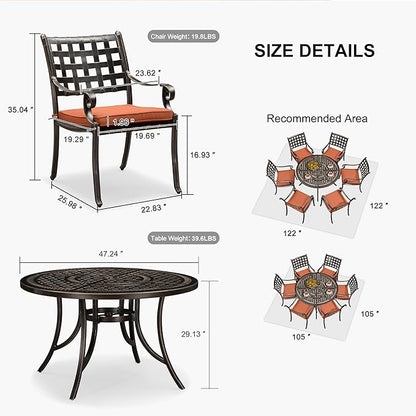 PURPLE LEAF Patio Dining Set Cast Aluminum 7-Piece Patio Furniture Set with 6 Dining Armchairs and 47" Round Table, 6 Cushions Included, for Lawn Yard Garden, Lattice Brick Red Outdoor Dining Set