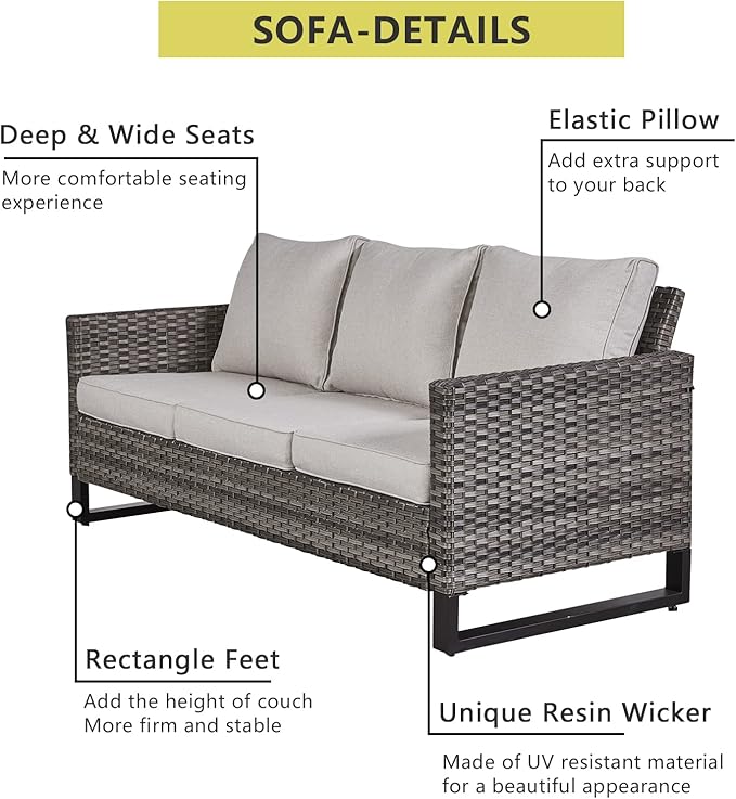 HUMMUH 7 Piece Patio Furniture with Fire Pit 30in 55,000 BTU,PE Wicker Outdoor Conversation Sets - Couch,Patio Swivel Chairs and Ottomans,Side Table for Porch,Garden,Backyard