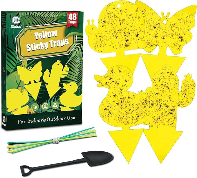 Gideal 48-Pack Dual-Sided Yellow Sticky Traps for Indoor/Outdoor Use, Gnat Trap for Flying Plant Insect Such as Fungus Gnats, Whiteflies, Aphids, Fruit Fly, Leafminers, etc - Cute Shapes