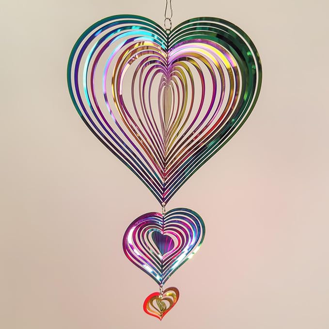 Wind Spinners Outdoor, 3D Heart, Gradient Rainbow Color, 14 inches Stainless Steel Metal, Hanging Wind Spinners, Garden, Yard Décor, Outside, Gifts for Women Mom Wife