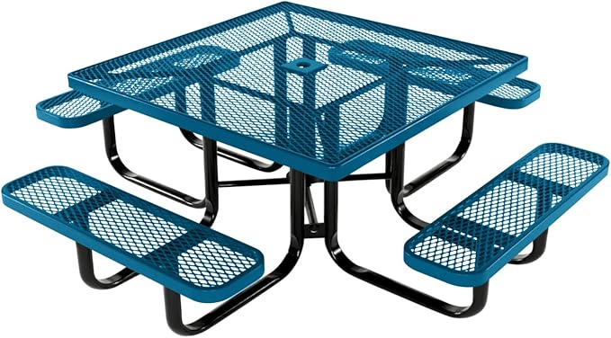 COATEDOUTDOORFURNITURE Heavy-Duty Portable Outdoor Kids Table with Umbrella Hole, Expanded Metal Kids Picnic Table, Commercial-Grade, Made in America (46 in, Square, Childrens, Light Blue)