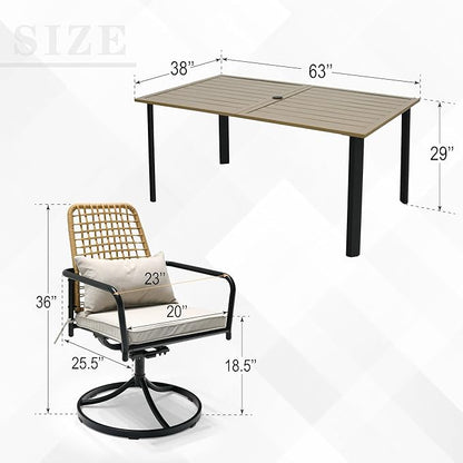 7-Piece Outdoor Patio Dining Set, 63-Inch Rectangular Table, 6 Wicker Rattan Swivel Chairs with Gray Cushions