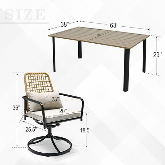 7-Piece Outdoor Patio Dining Set, 63-Inch Rectangular Table, 6 Wicker Rattan Swivel Chairs with Gray Cushions