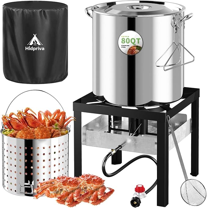 Stainless Steel 80QT Crawfish Boiler Kit, Waterproof Cover & 18-inch Skimmer, 110,000BTU Propane Burner Stove, 0-20PSIG Regulator, Seafood Boil Pot, Crab Boil Pot with 60QT Basket
