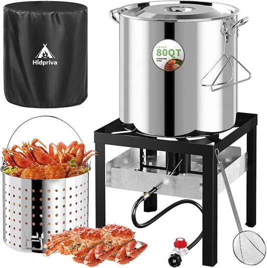 Stainless Steel 80QT Crawfish Boiler Kit, Waterproof Cover & 18-inch Skimmer, 110,000BTU Propane Burner Stove, 0-20PSIG Regulator, Seafood Boil Pot, Crab Boil Pot with 60QT Basket