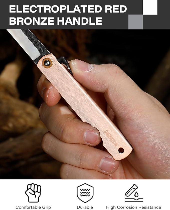 Dispatch EDC Pocket Knife, 2.8" Full Panel Plain Edge Blade Folding Knife with 7Cr13Mov Black Stonewashed Forged Blade & Red Bronze Electroplated Handle, Includes Black PU Sheath