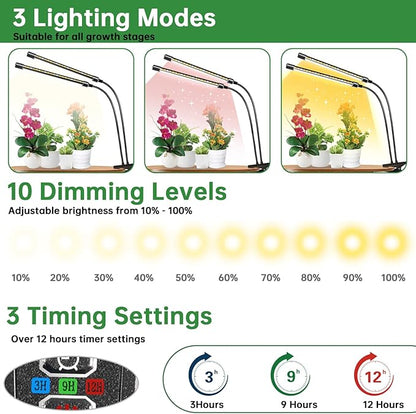 Full Spectrum LED Grow Light for Indoor Plants, 2 Heads Grow Lights for Seed Starting, 10 Dimmable Levels & 3 Timer Modes (3/9/12H), Adjustable 360° Gooseneck with Clip, Plant Grow Lights