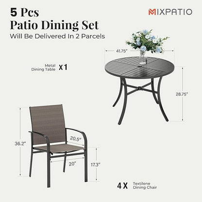 Patio Table and Chairs Set for 4, 5 Pieces Outdoor Dining Set, 4 Brown Textilene Chairs and 42" Metal Round Table with Umbrella Hole, for Deck Garden Backyard Lawn Poolside