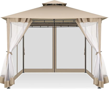 COBIZI Gazebo 10x10 Heavy Duty Gazebos with Improved Nettings Outdoor Gazebo Canopy Double Roof Patio Gazebos with Metal Steel Frame for Patio, Deck, Backyard (Khaki)