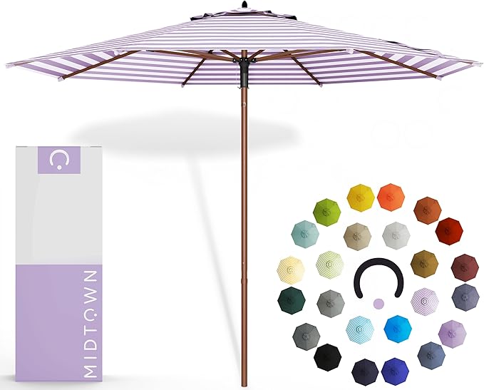 The Wooden 10 Feet Outdoor Umbrella With Terylast Midtown Stripes (Purple/White Stripes) Polyester Fabric - Aluminum Frame Patio Umbrella With Push System For Deck, Garden, Pool - Wooden Pole