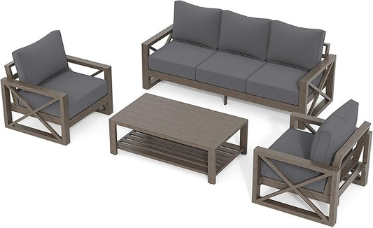 UDPATIO 4 Piece Faux Wood Aluminum Patio Furniture Set Modern Outdoor Furniture Sets with Coffee Table for Deck Porch Patio, 600D Waterproof Cover Included, Dark Grey