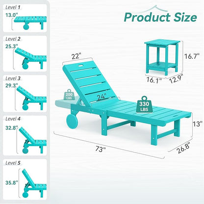 Outdoor Chaise Lounge Chairs with Table, 3-Piece, 26.8” Super Wide Lounge Chair Outdoor, HDPS Pool Chairs with 5 Positions, Patio Lounge Chair with Wheels for Pool,Lawn,Backyard, Aruba Blue