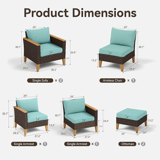 GREEN PARTY 7 Pieces Wicker Patio Furniture Set, All-Weather Outdoor Rattan Patio Sectional Sofa Conversation Set 7 Seats with 4" Thick Cushions for Garden, Backyard, 2 x Ottomans (Blue)