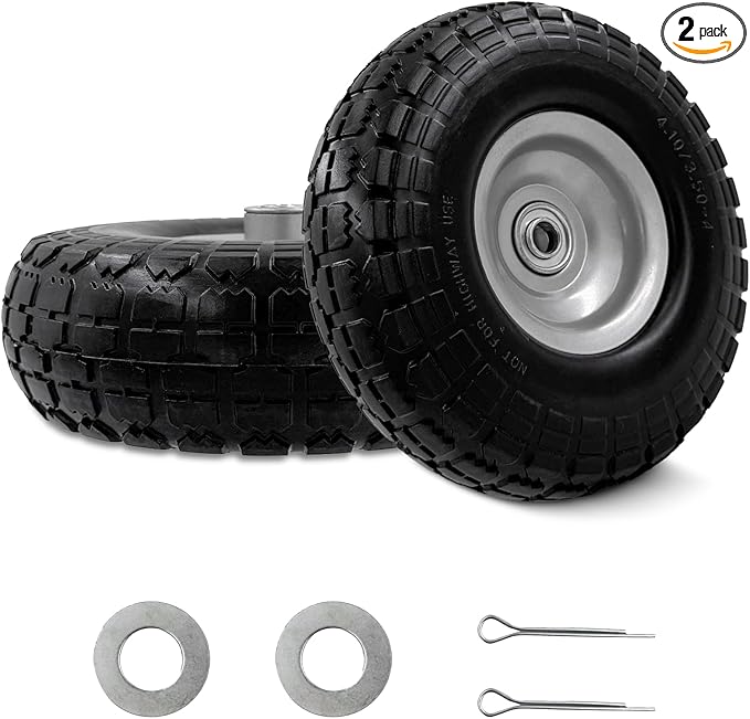 10-Inch 4.10/3.50-4 Tire and Wheel Flat Free, Heavy Duty Solid Replacement Tire with 5/8" Bearings, for Wheelbarrows Hand Trucks Dollies Trolleys Generators, (2-Pack) (Gray)