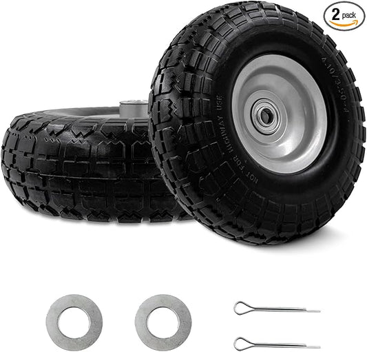 10-Inch 4.10/3.50-4 Tire and Wheel Flat Free, Heavy Duty Solid Replacement Tire with 5/8" Bearings, for Wheelbarrows Hand Trucks Dollies Trolleys Generators, (2-Pack) (Gray)