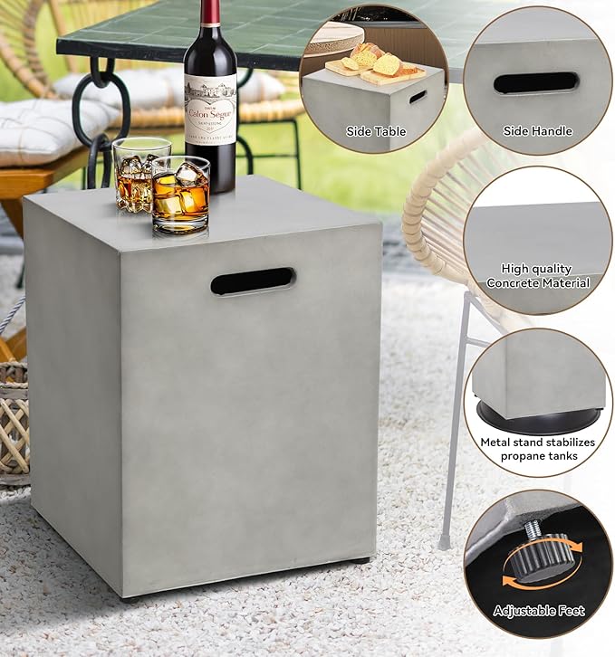 2-Piece 54" Outdoor Propane Fire Pit Table Set W 16" Tank Cover Side Table, 50,000 BTU Rectangle Concrete Fire Pit Coffee Table, Lava Rocks, Rain Cover for Patio, Backyard, Garden, Porch, Deck
